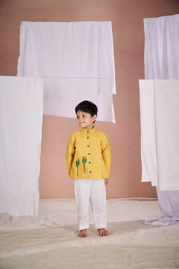 Yellow embroidered parrot bandhgala set