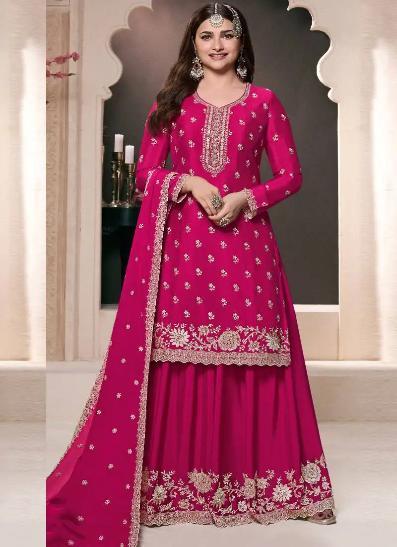 Rani pink chinon silk embroidered palazzo suit semi stitched