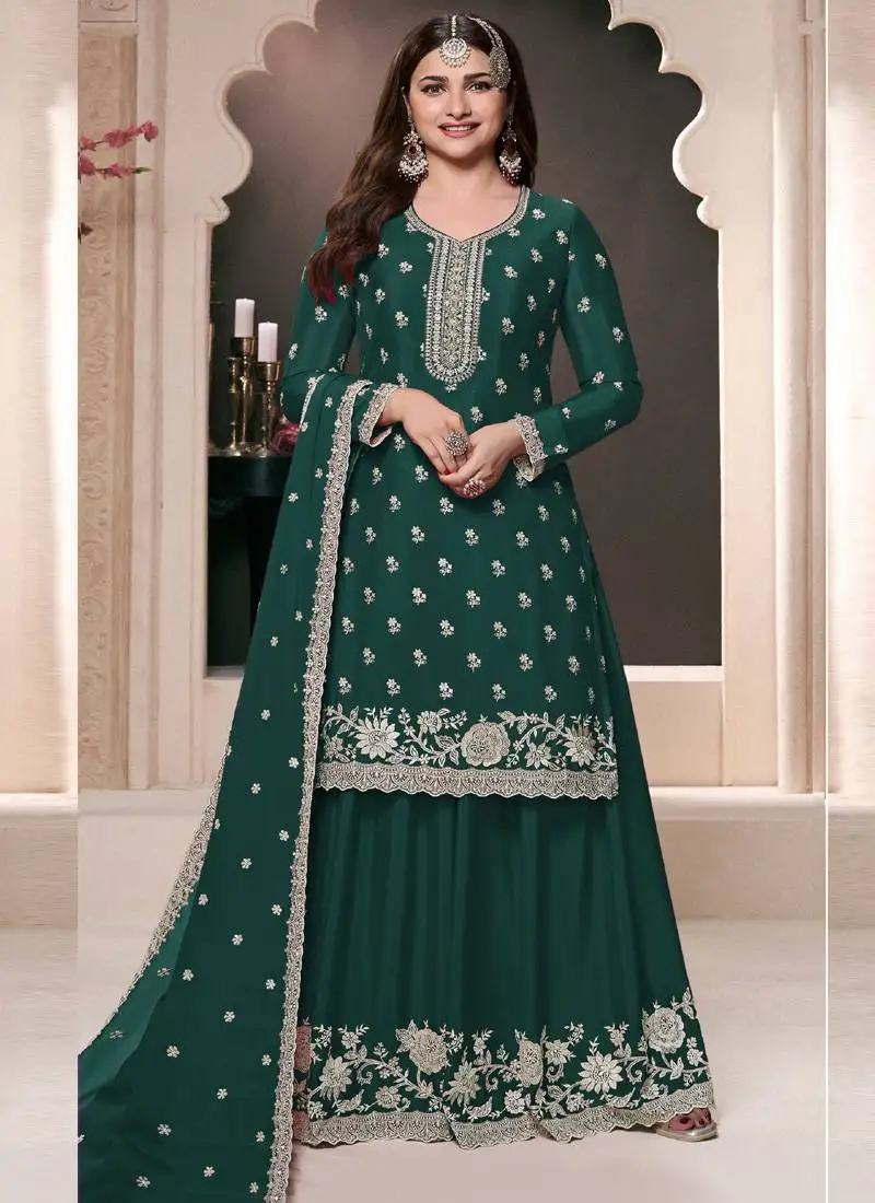 prachi desai dark green chinon silk embroidered palazzo suit semi stitched