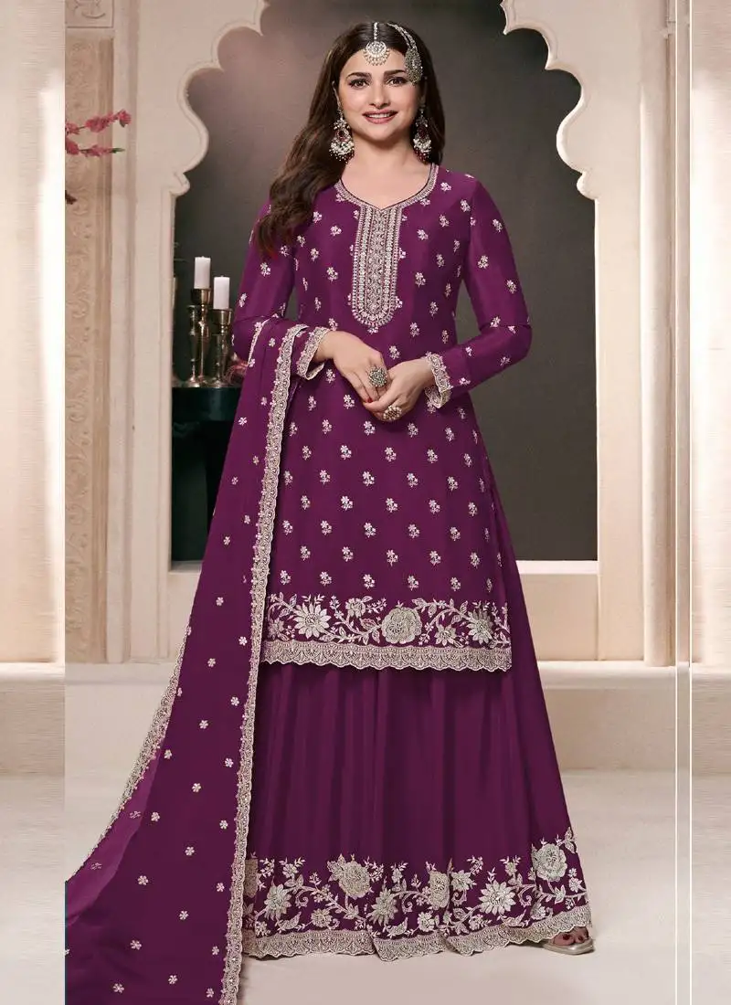 prachi desai violet chinon silk embroidered palazzo suit semi stitched