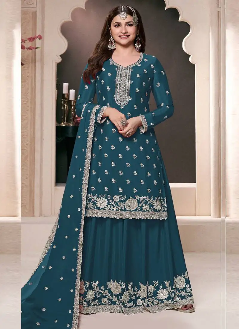 prachi desaiaqua blue chinon silk embroidered palazzo suit semi stitched