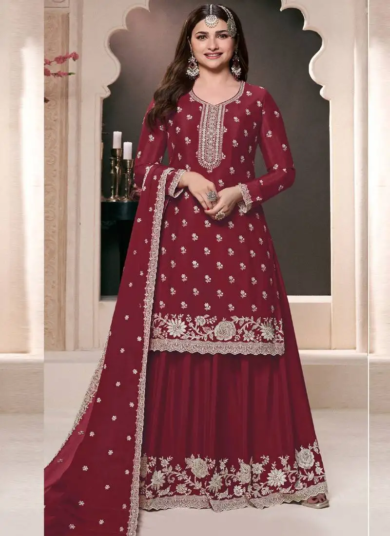 prachi desai maroon chinon silk embroidered palazzo suit semi stitched