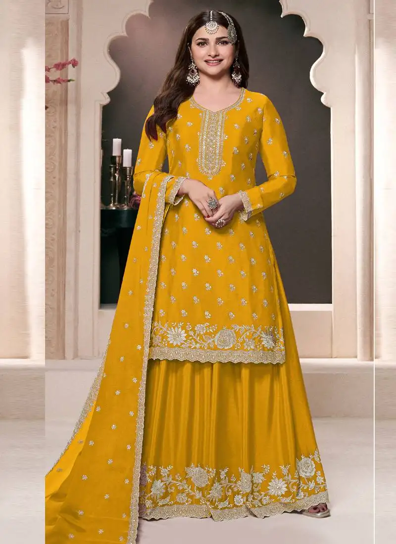 prachi desai yellow chinon silk embroidered palazzo suit semi stitched