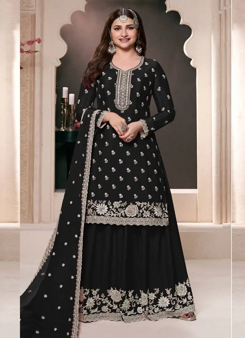 prachi desai black chinon silk embroidered palazzo suit semi stitched