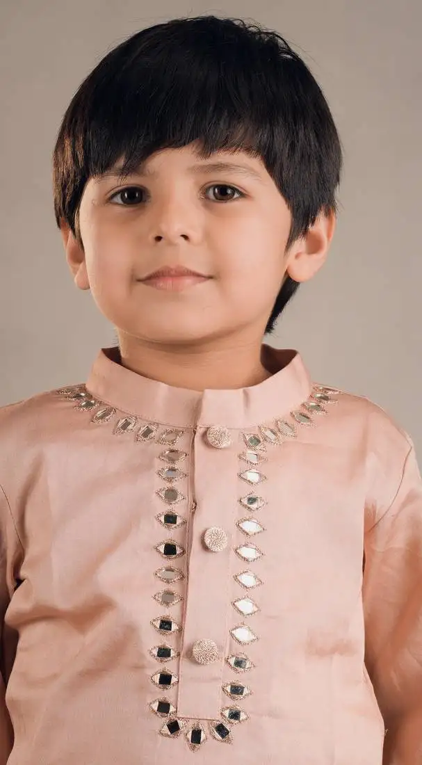 Peach mirror work bird kurta