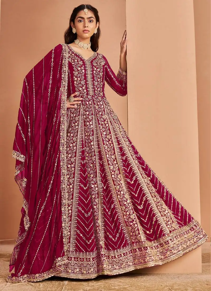 Maroon faux georgette embroidered anarkali suit semi stitched