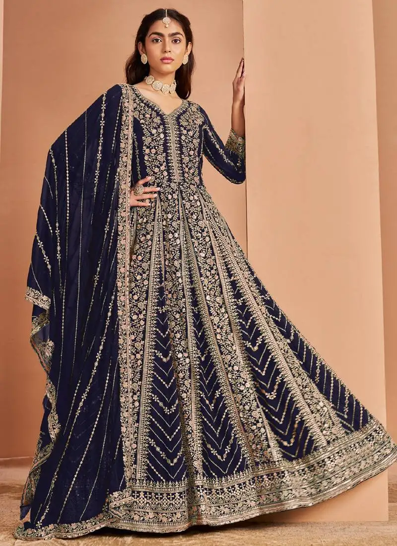 Blue faux georgette embroidered anarkali suit semi stitched