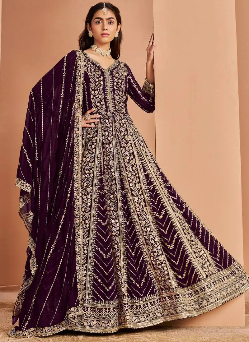 Violet faux georgette embroidered anarkali suit semi stitched