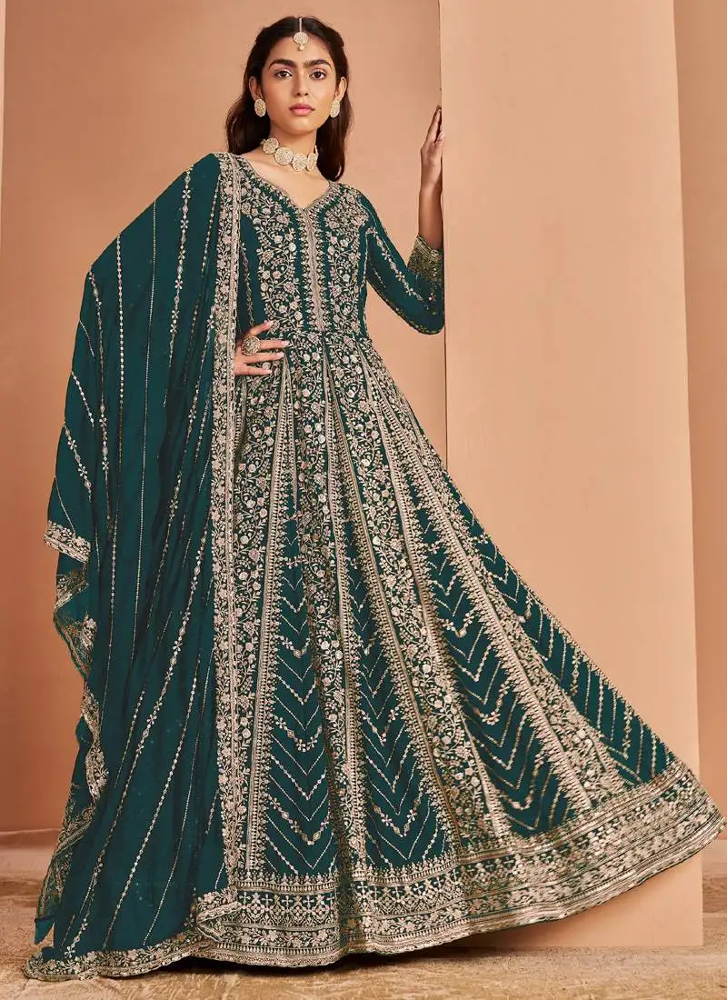 Aqua green faux georgette embroidered anarkali suit semi stitched