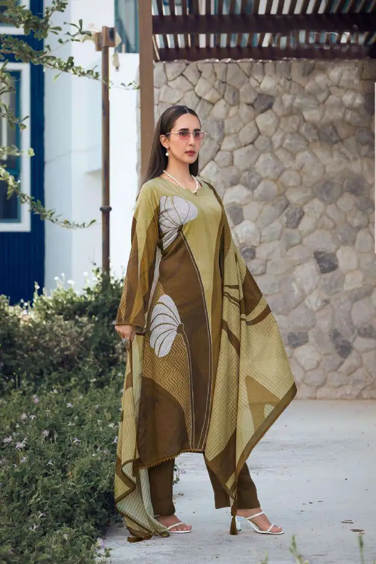 Yellow cotton embroidered unstitched dress material