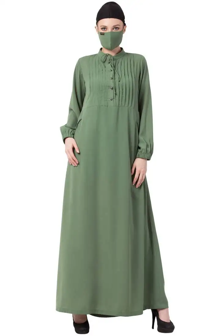 Green abaya with pin tucks and front pockets