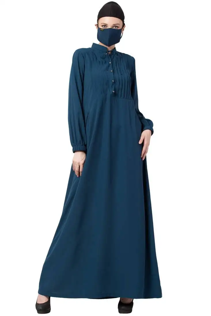 Teal abaya with pin tucks and front pockets