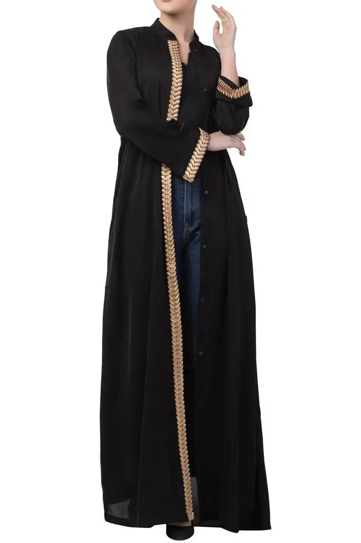Beige front open abaya dress with lace work