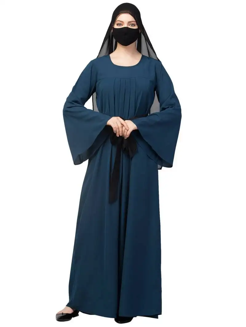 Teal designer abaya with pleats & belt