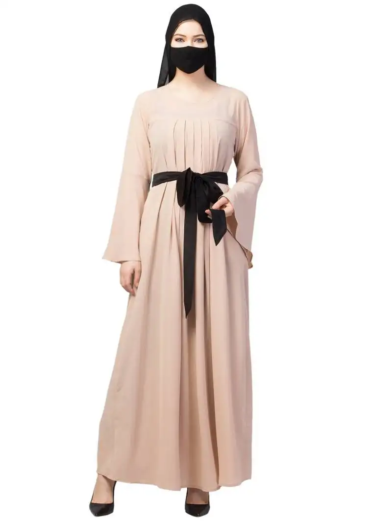 Beige designer abaya with pleats & belt