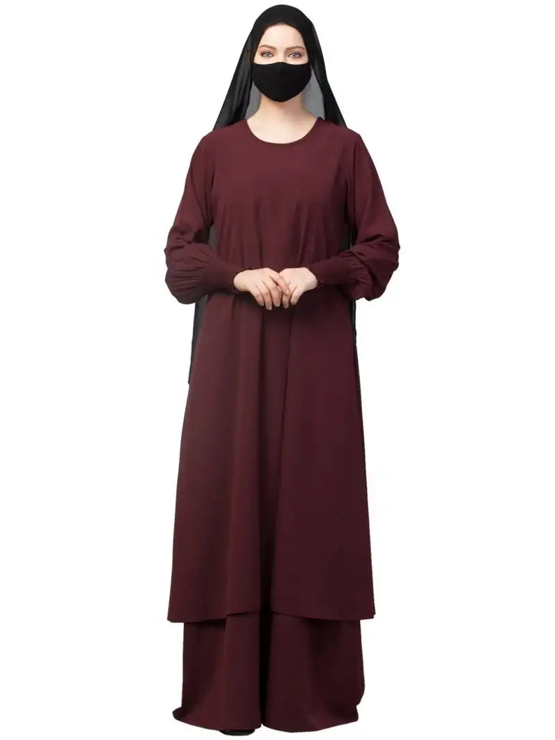 Wine four pieces set- dual layer abaya with khimar, stole & mouth piece.