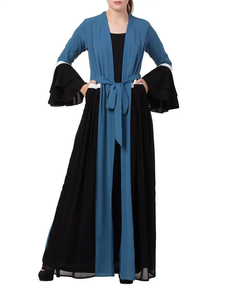 Blue stylish dress with attached shrug and a belt in multi color