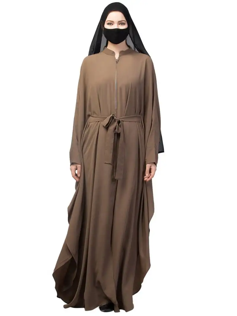 Brown front open kaftan abaya with zipper
