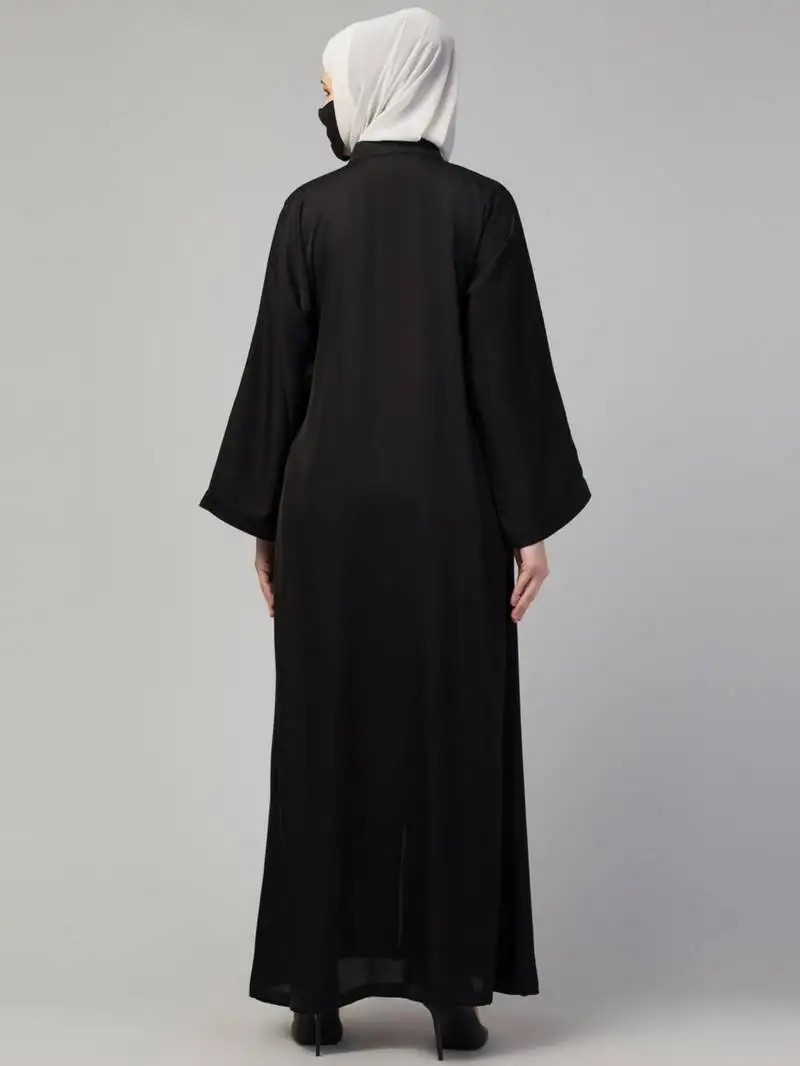 Front open abaya in premium praada fabric with embellished tassels