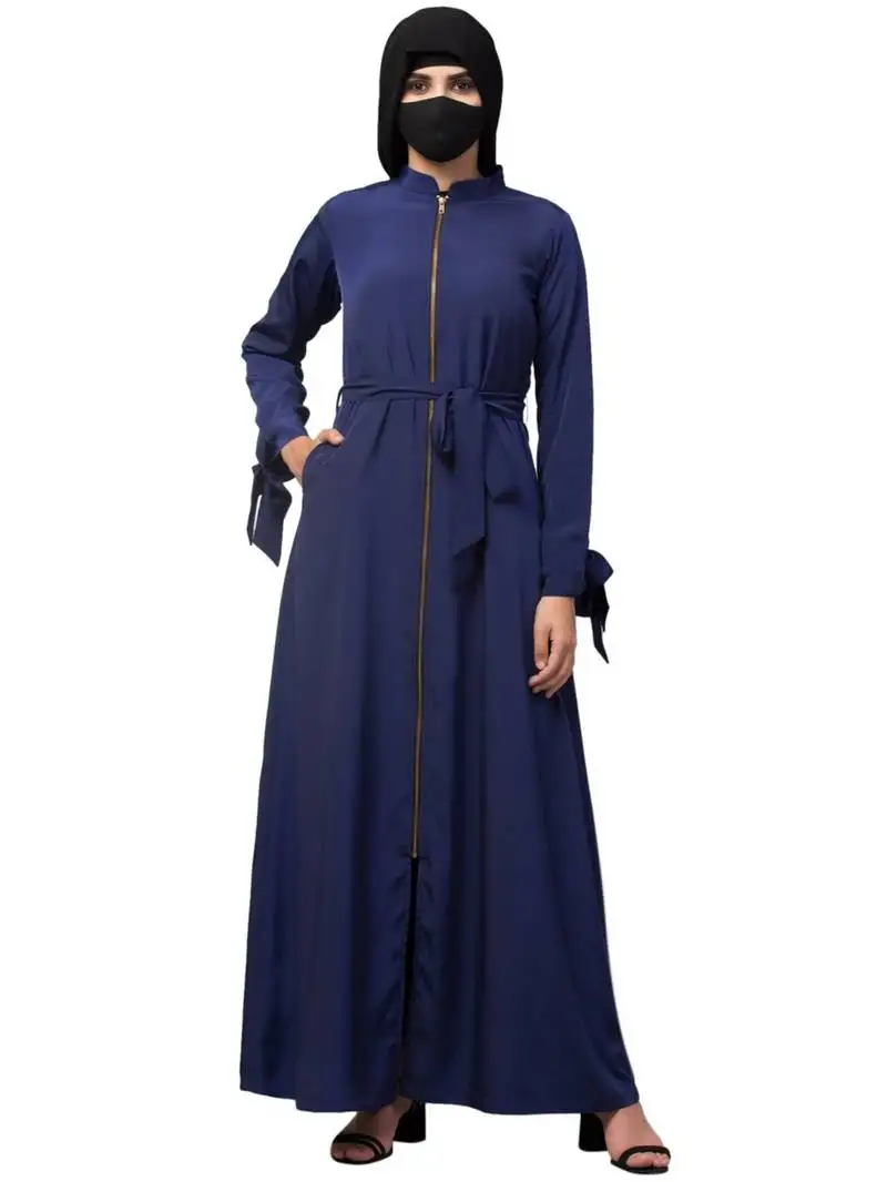 Front open abaya dress with zipper and designer sleeves in french crepe fabric