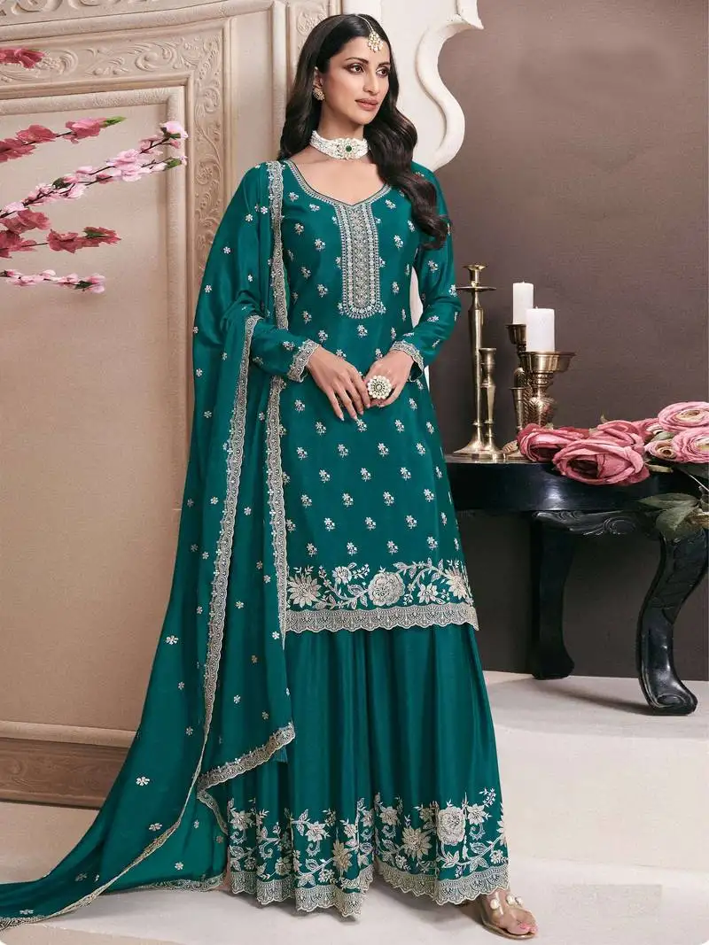 Teal green embroidered chinon semi-palazo salwar suit semi stitched