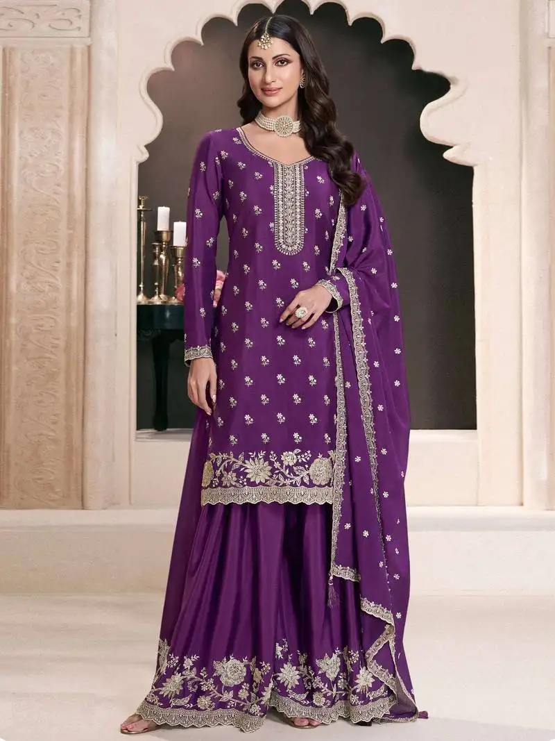 Purple embroidered chinon semi-palazo salwar suit semi stitched