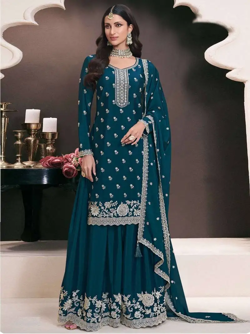 Teal blue embroidered chinon semi-palazo salwar suit semi stitched