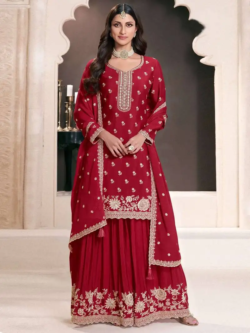 Red embroidered chinon semi-palazo salwar suit semi stitched