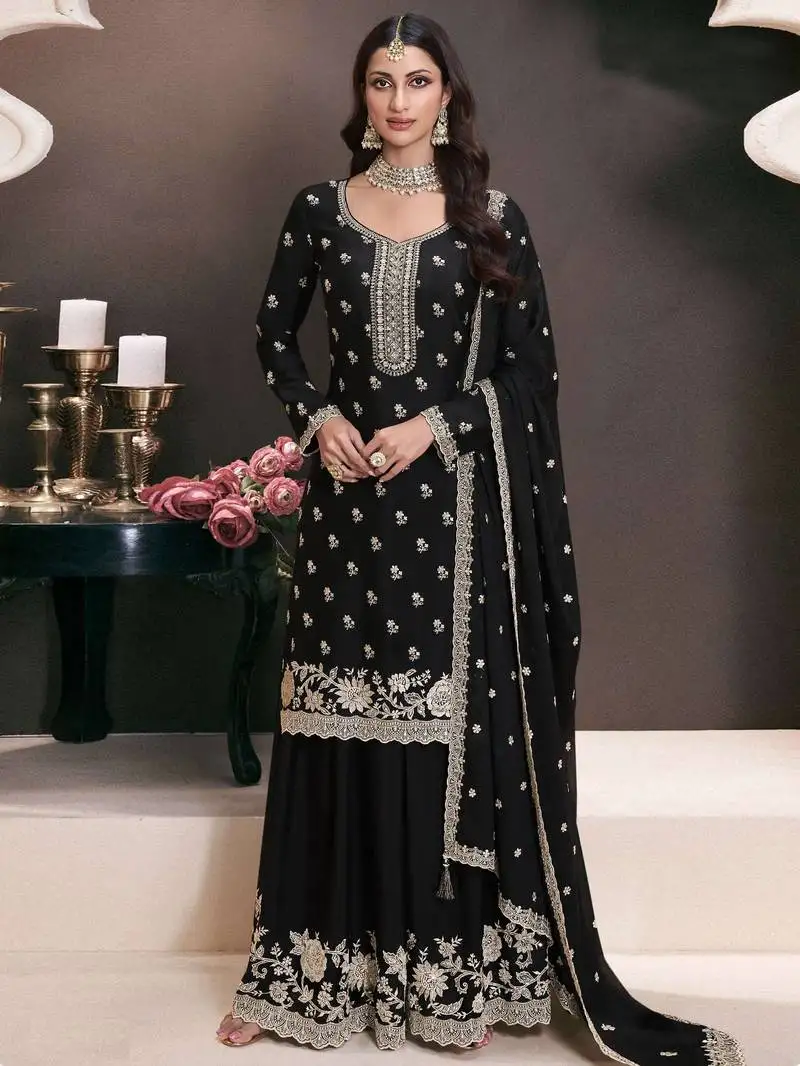 Black embroidered chinon semi-palazo salwar suit semi stitched