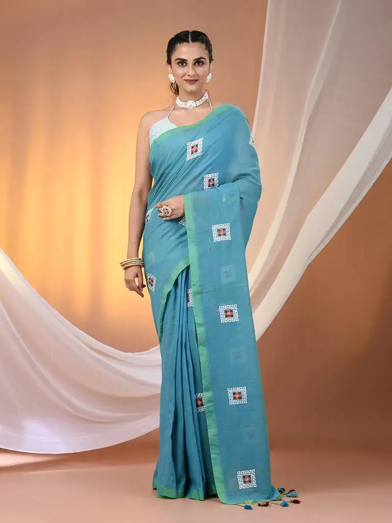 All over thread embroidery sky blue cotton saree