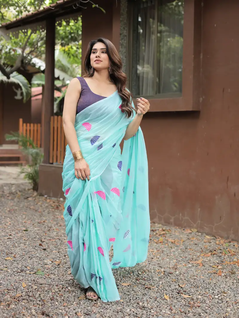 Aqua blue embroidery cotton saree with blouse