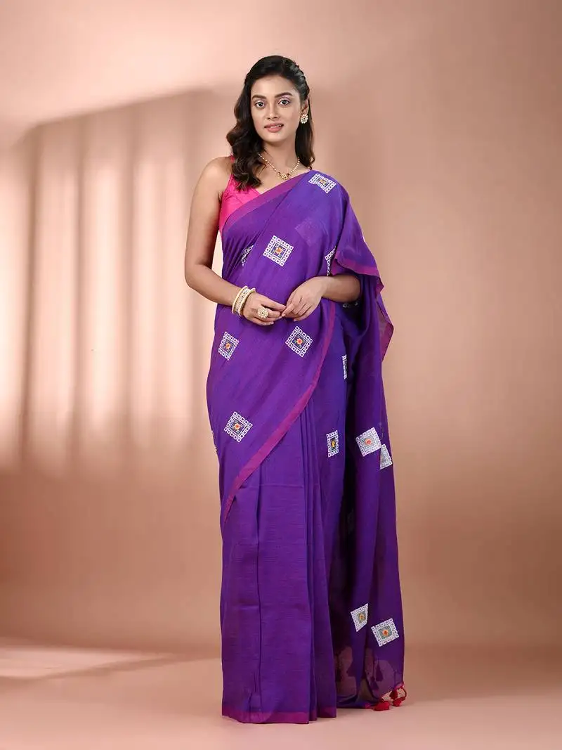 All over thread embroidery purple cotton saree