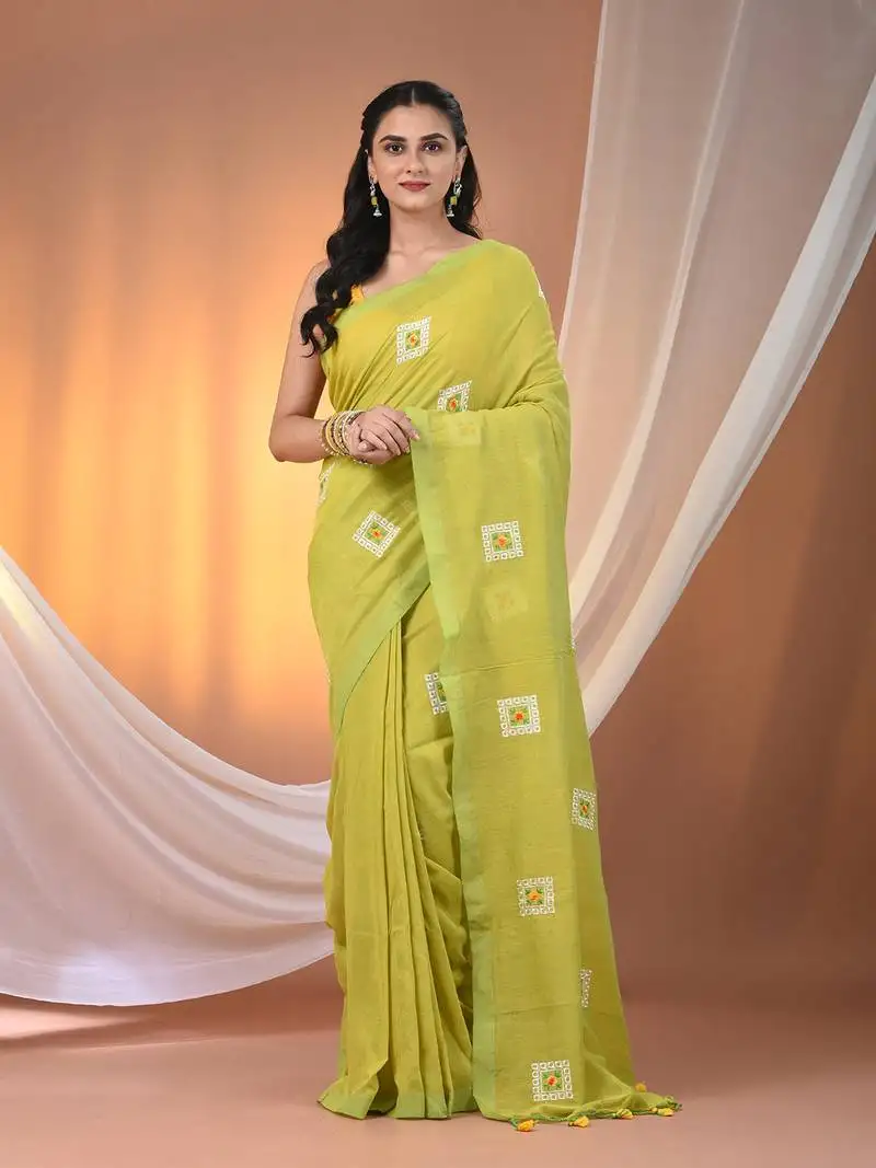 All over thread embroidery lime green cotton saree