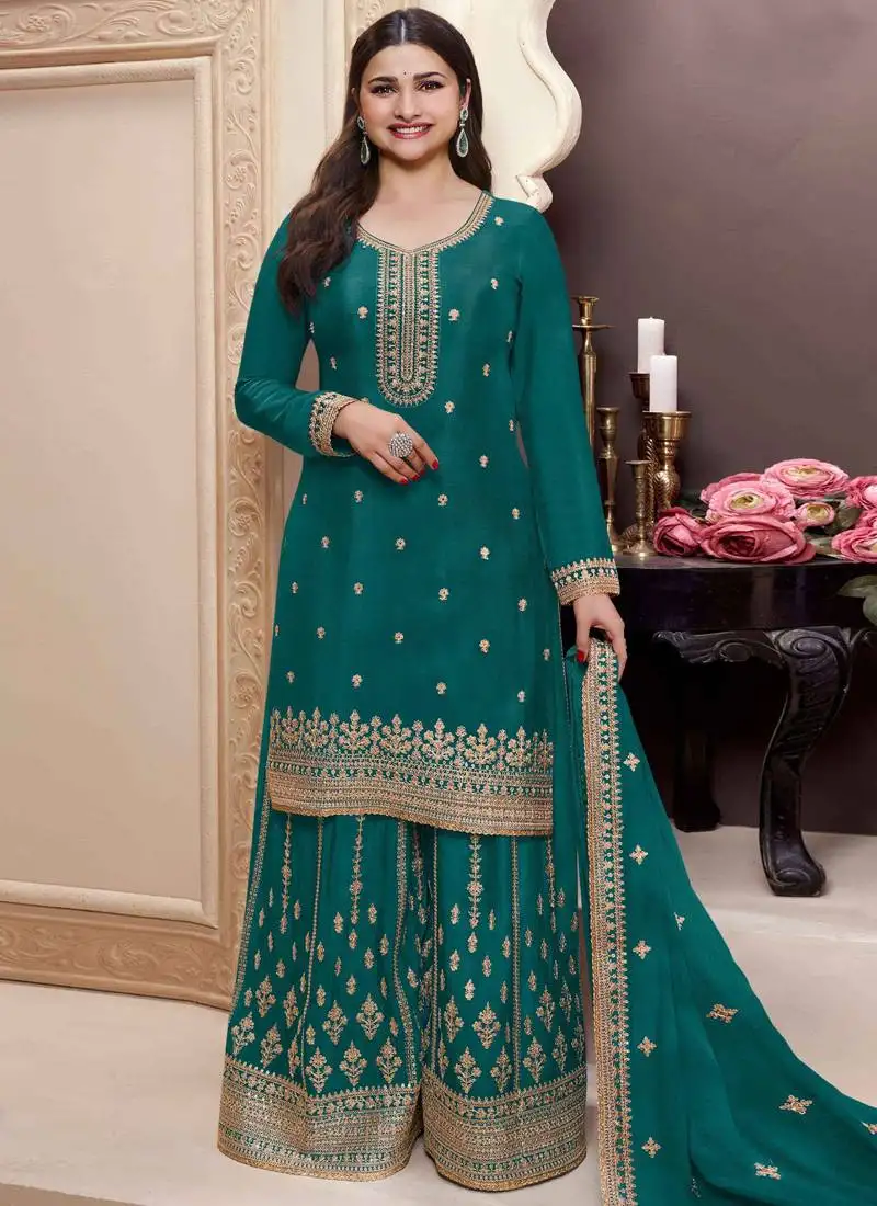 Designer teal green chinon silk embroidered sharara suit semi stitched