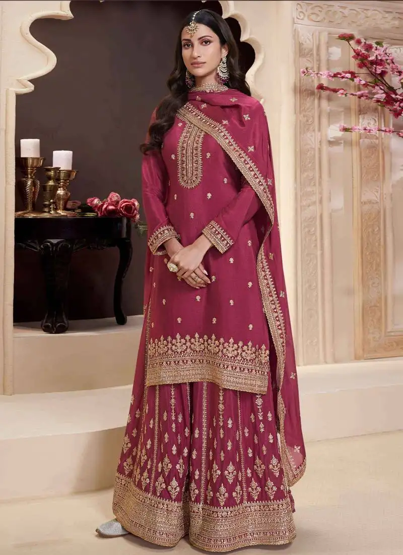 Designer maroon chinon silk embroidered sharara suit semi stitched