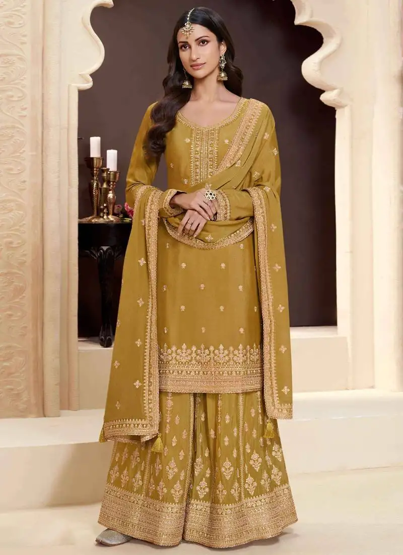 Designer yellow chinon silk embroidered sharara suit semi stitched