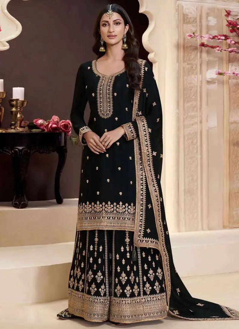 Designer black chinon silk embroidered sharara suit semi stitched