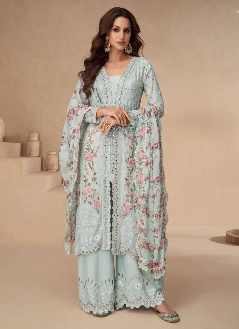 Light sky blue chinon silk embroidered palazzo suit stitched