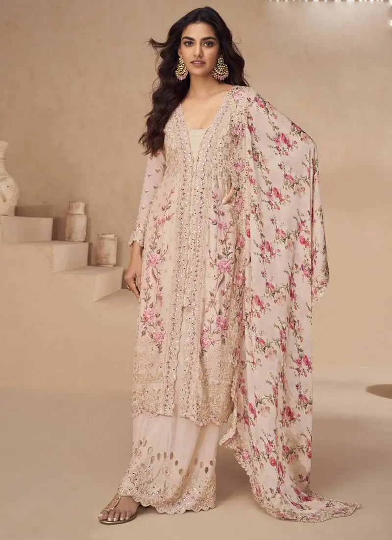 Light peach chinon silk embroidered palazzo suit stitched