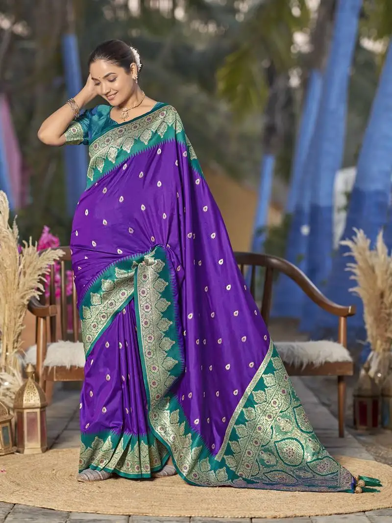 Banarasi woven purple and turquoise blue saree with heavy jacquard work
