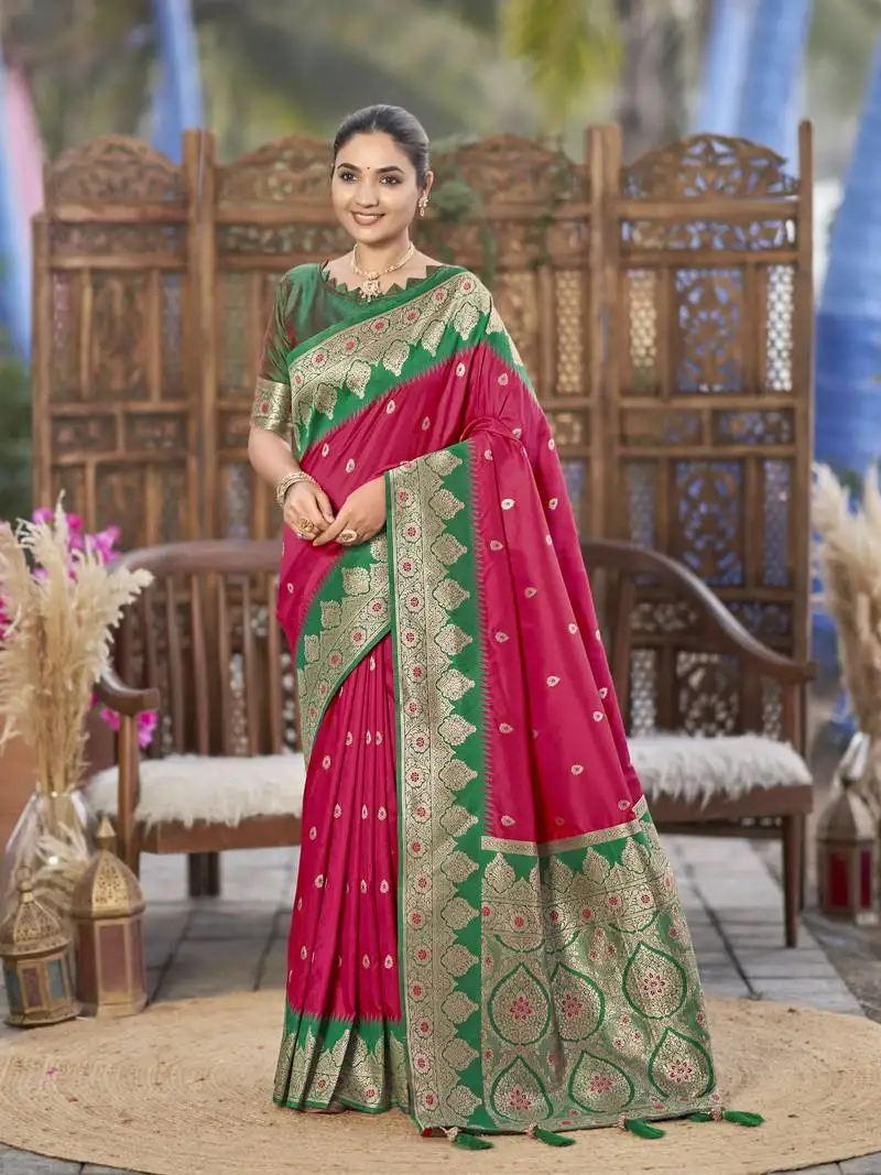 Banarasi woven pink and green saree with heavy jacquard work