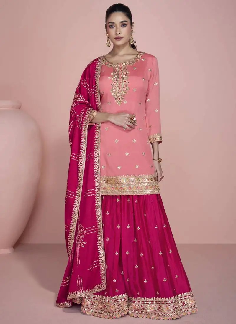 Peach premium chinon silk embroidered sharara suit stitched