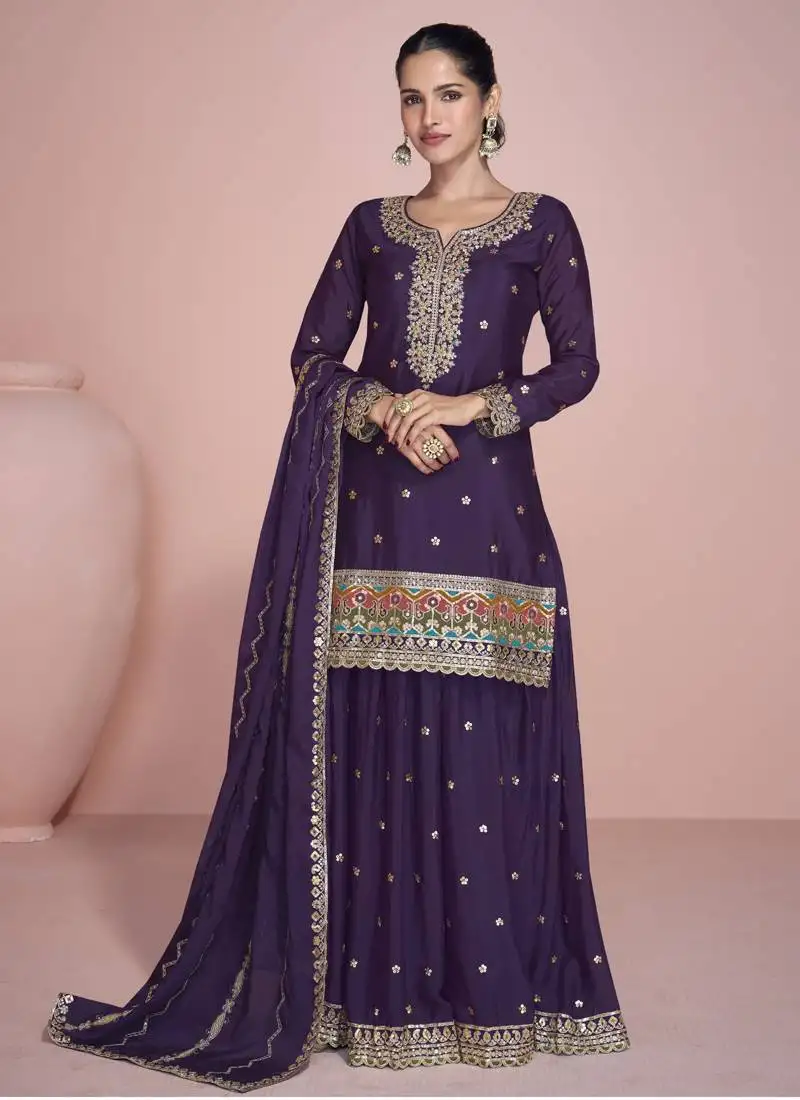 Purple premium chinon silk embroidered sharara suit stitched