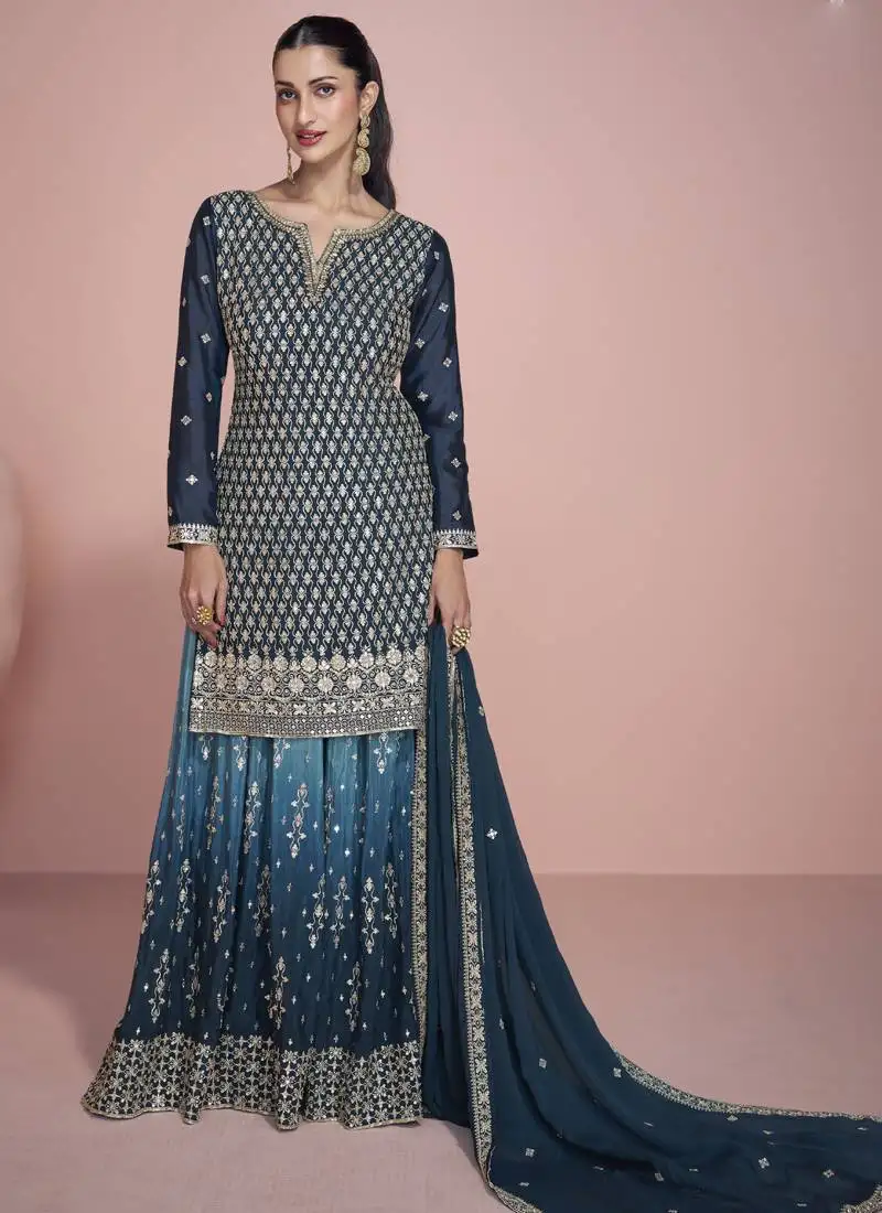 Blue premium chinon silk embroidered sharara suit stitched