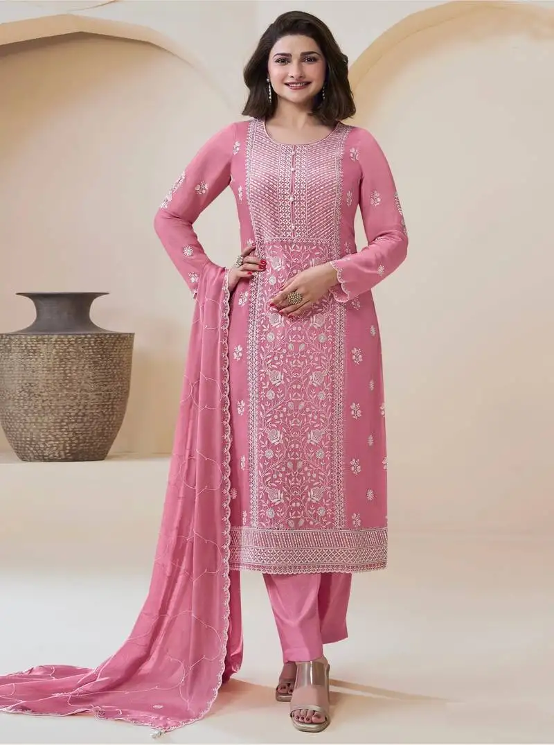 Pink embroidered chinon semi-pakistani salwar suit semi stitched