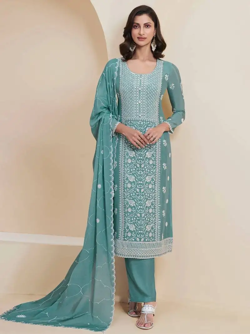 Sky embroidered chinon semi-pakistani salwar suit semi stitched