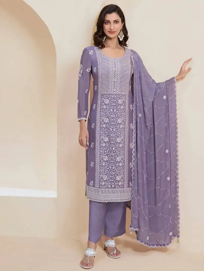 Purple embroidered chinon semi-pakistani salwar suit semi stitched
