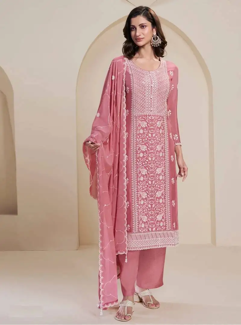 Peach embroidered chinon semi-pakistani salwar suit semi stitched
