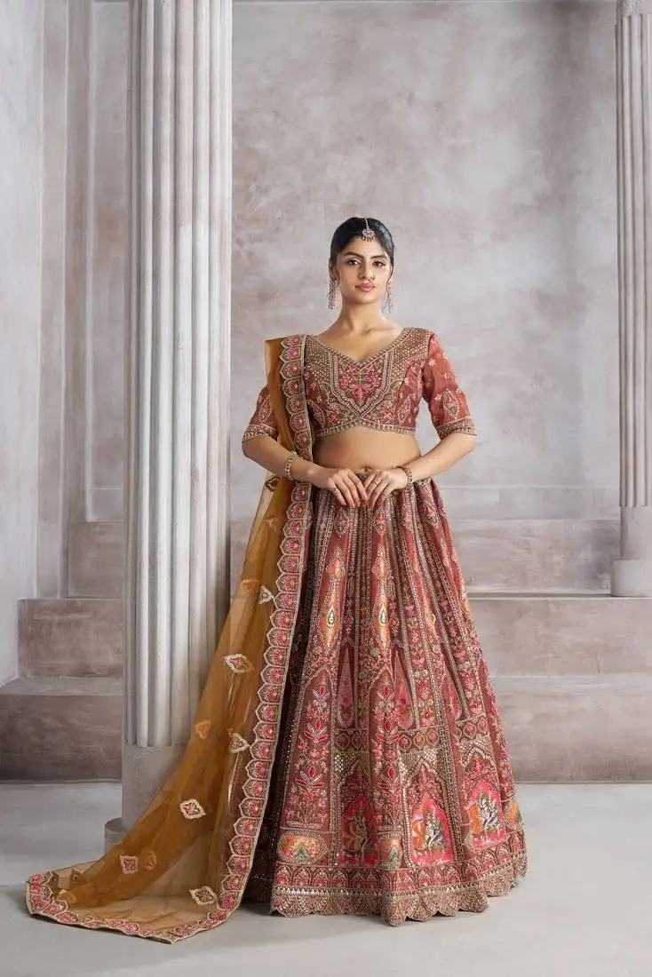 Trending mocha color lehenga for women with aari and patch work semi bridal lehenga choli