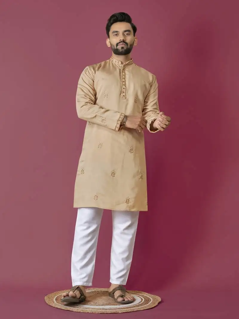 Beige roman silk val-moti hand work with cotton inner kurta pajama set